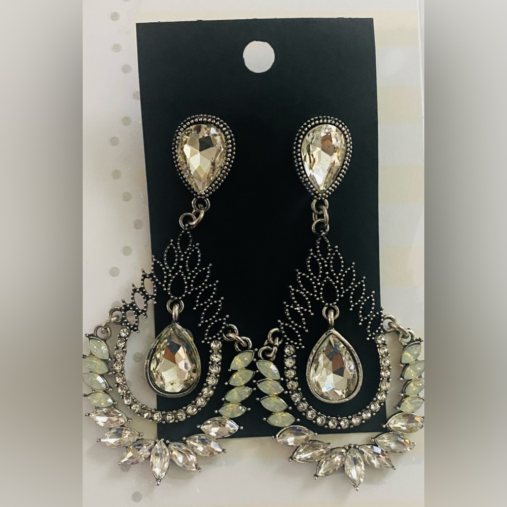 Crystal Teardrop Dangle Earrings - Clear/Silver